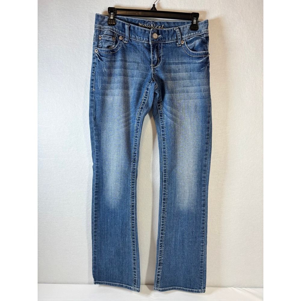 Maurices Womens Bootcut Jeans Medium Wash Embellished Pockets Blue Size 3/4 Long